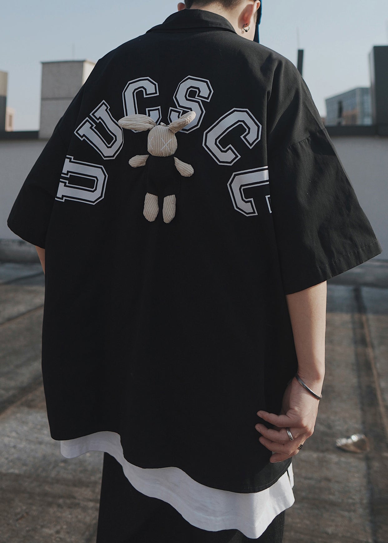 Casual Letter Oversized Men Shirts T Half Blue Cotton Patchwork FashionChic