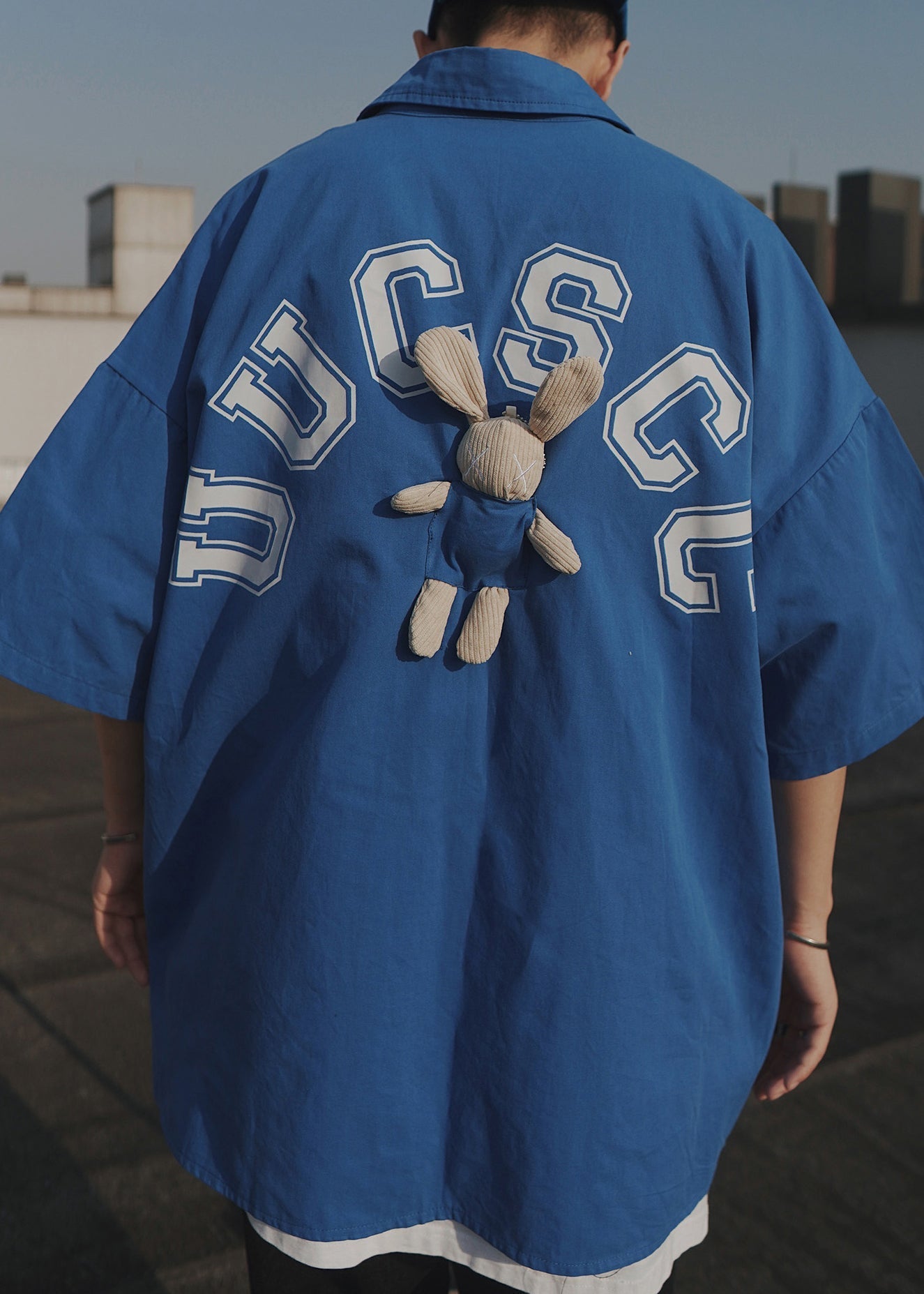 Casual Letter Oversized Men Shirts T Half Blue Cotton Patchwork FashionChic