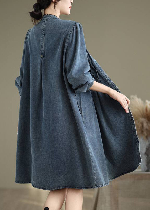 Button Casual Long Blue Sleeve Lantern Collar Stand Dress FashionChic