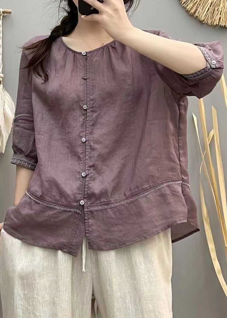 Blouse Cotton Embroidered Brick Tops Patchwork Red Casual Summer FashionChic