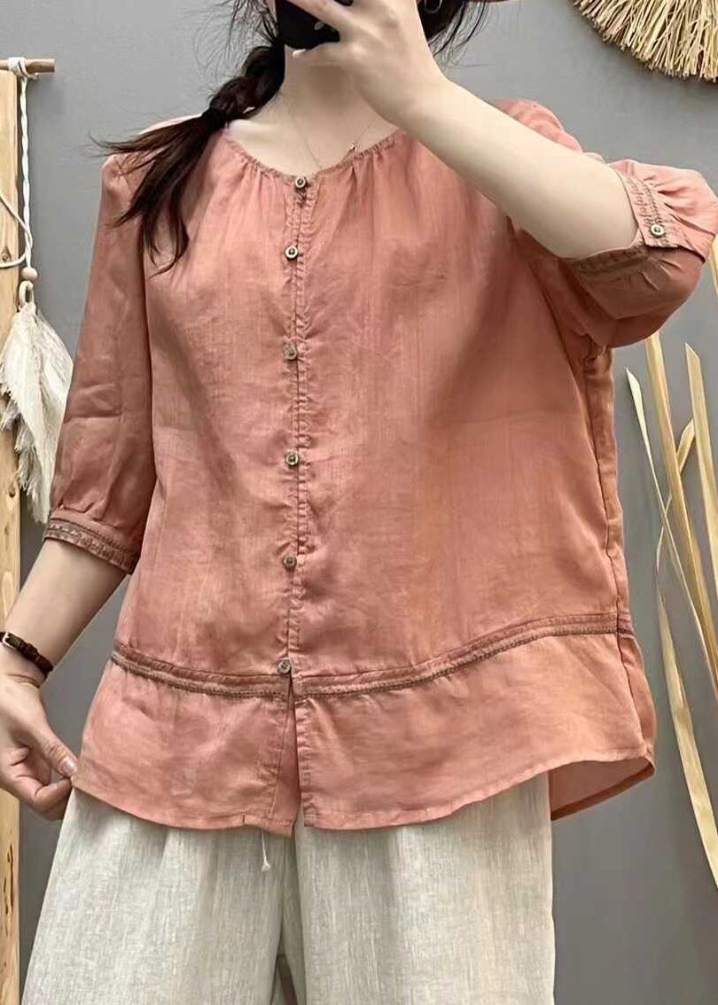 Blouse Cotton Embroidered Brick Tops Patchwork Red Casual Summer FashionChic