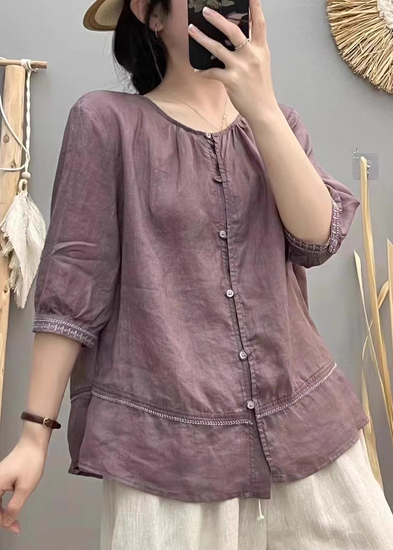 Blouse Cotton Embroidered Brick Tops Patchwork Red Casual Summer FashionChic