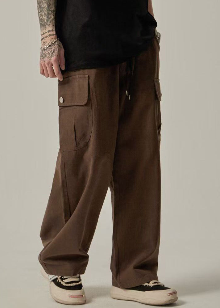 Cotton Casual Summer Waist Brown Elastic Pockets Men Pants FashionChic