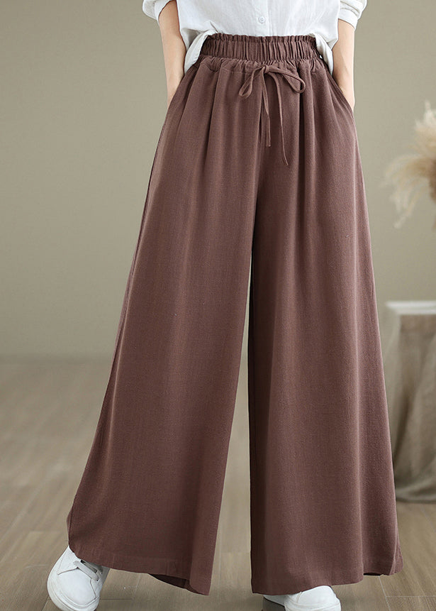 Casual Coffee Pockets Drawstring Cotton Wide Leg Pants Fall QO044 OM-ZS241008