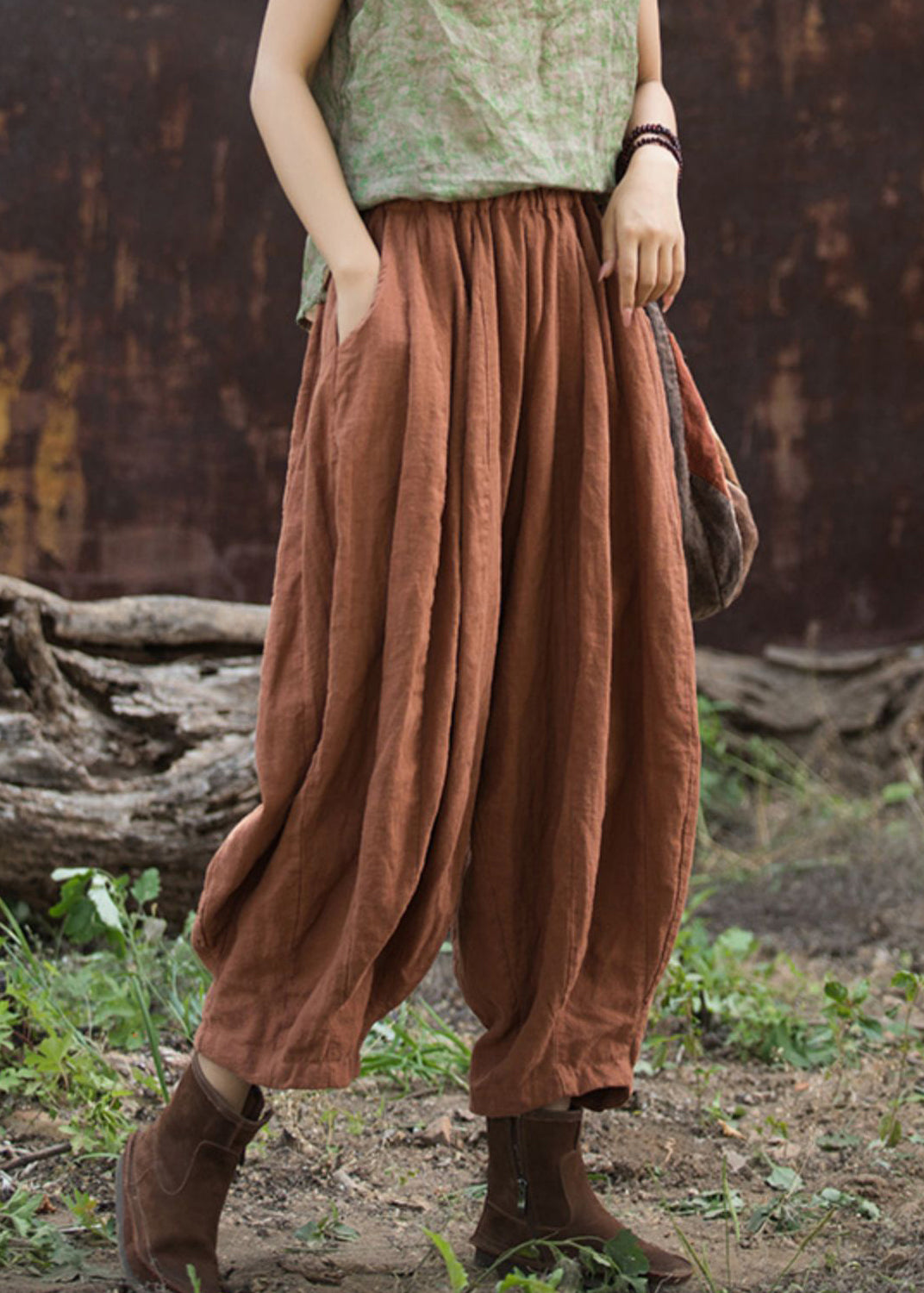 Casual Cozy Linen Pockets Elastic Waist Cotton Crop Pants Summer QK024 BB-CPTS241022