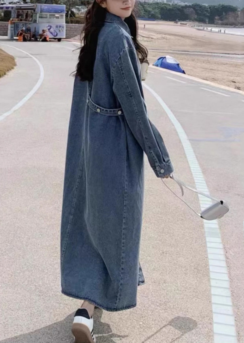 Casual Denim Blue Peter Pan Collar Patchwork Button Long Dress Fall RP003 ABC