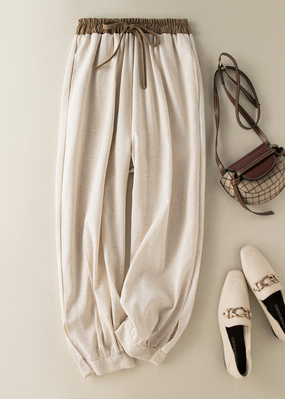 Casual Green Elastic Waist Thin Linen Crop Pants Summer BV059 MZF-CPTS240702