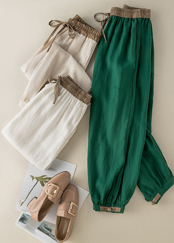 Casual Green Elastic Waist Thin Linen Crop Pants Summer BV059 MZF-CPTS240702