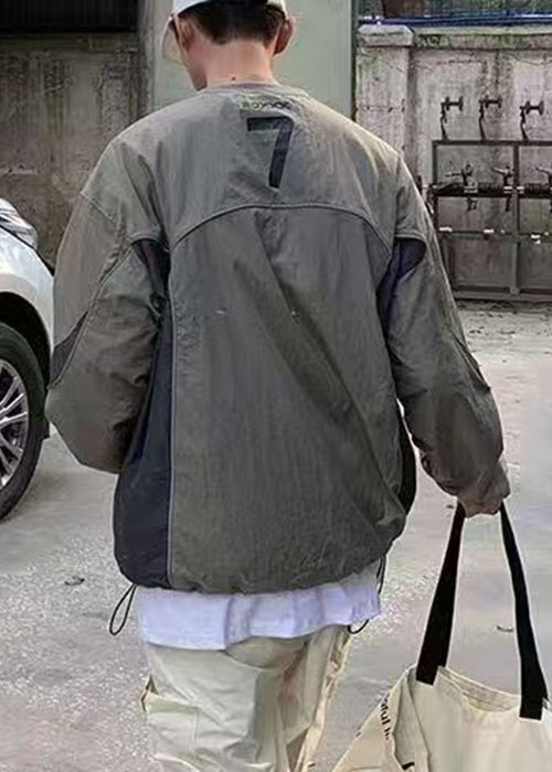 Shirt T Letter Cotton Casual Drawstring Patchwork Green Mens FashionChic