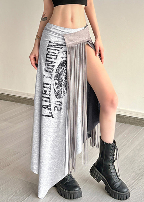 Casual Wrinkled Asymmetrical Tassel Maxi Graphic Skirts Grey FashionChic