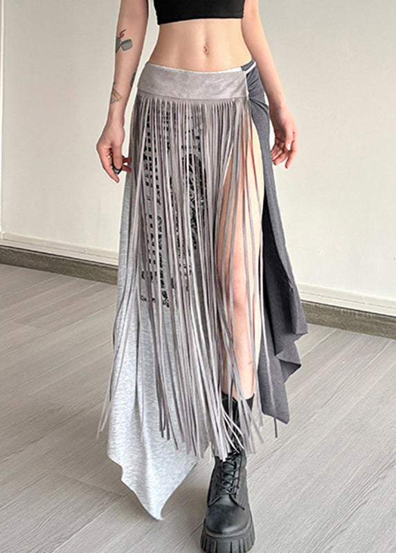 Casual Wrinkled Asymmetrical Tassel Maxi Graphic Skirts Grey FashionChic