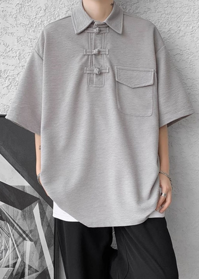 Grey Casual Half Cotton Pockets Button Oversized Polo Shirt Men FashionChic