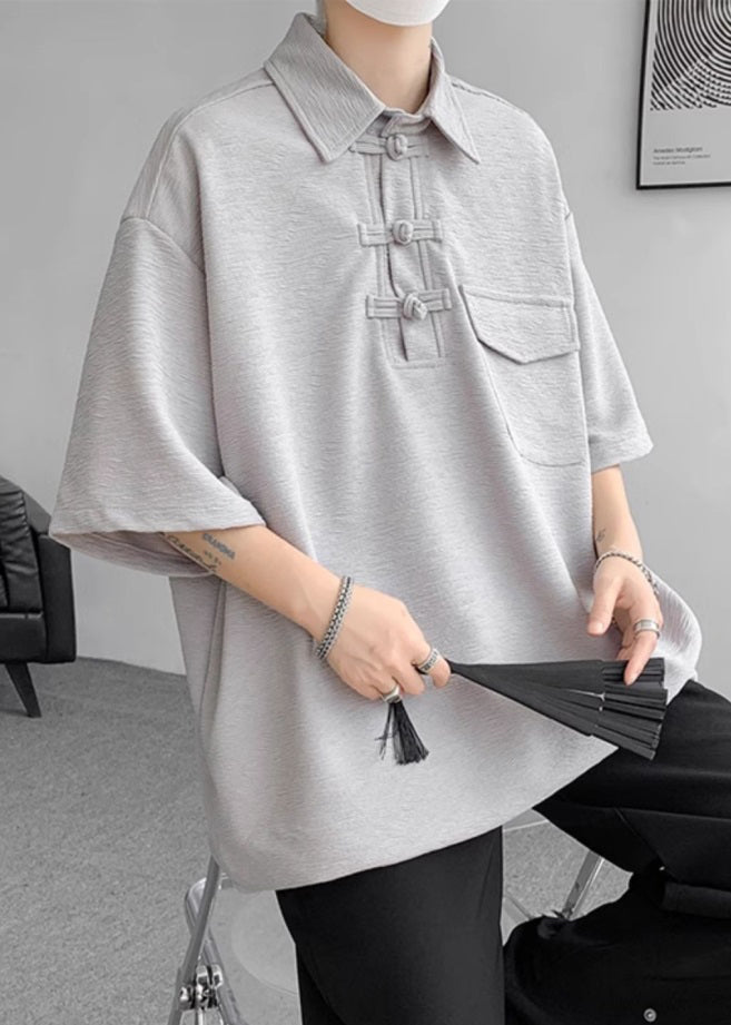 Grey Casual Half Cotton Pockets Button Oversized Polo Shirt Men FashionChic