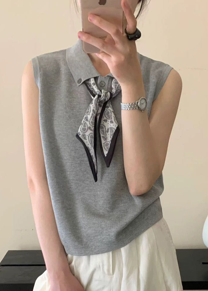 Collar Peter Knit Grey Shirt Scarves Pan Casual Top Sleeveless FashionChic