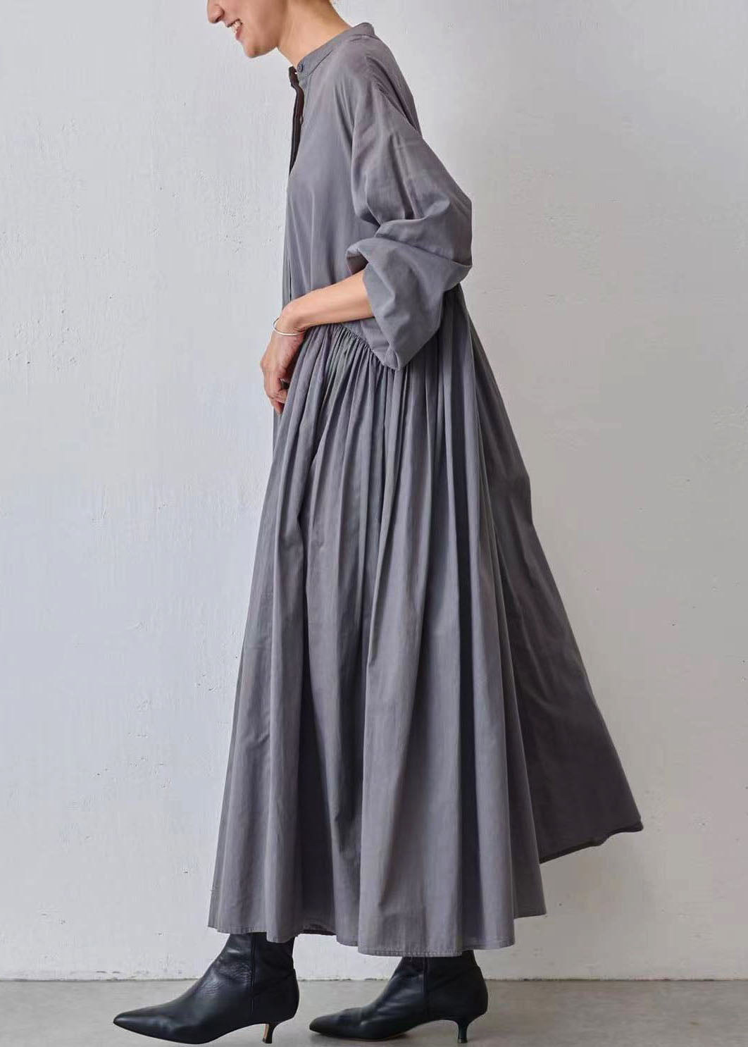 Casual Grey Wrinkled Patchwork Cotton Dresses Lantern Sleeve TL029