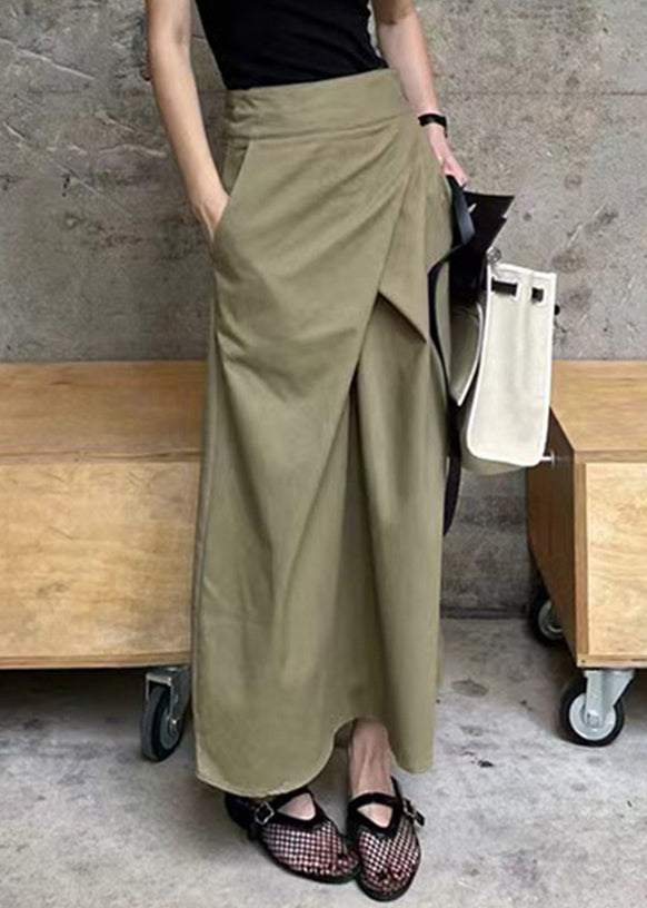 High Khaki Pockets Waist Casual Maxi Asymmetrical Patchwork Skirt FashionChic