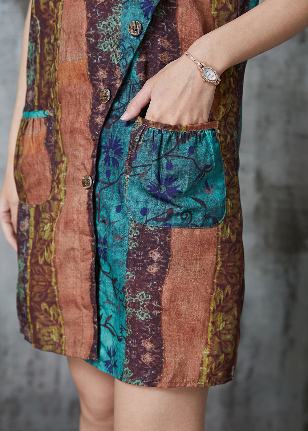 Casual Khaki Asymmetrical Print Linen Mini Dresses Sleeveless AL1014 Genistyle Shop