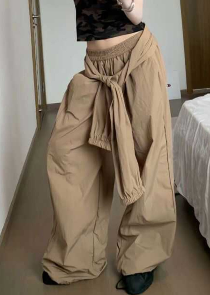 Casual Khaki Pockets Elastic Waist Cotton Pants Summer PP001 OM-NZ240827
