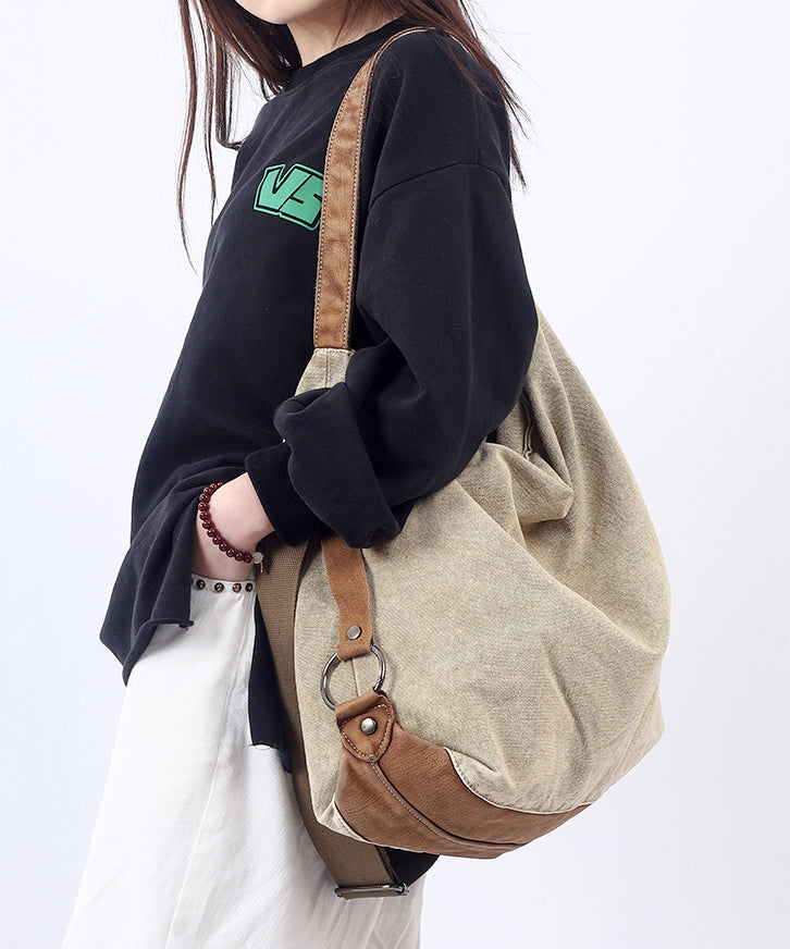 Casual Large Capacity Coffee Calf Leather Patchwork Canvas Satchel Bag Handbag MM048 Bag-BGS240620