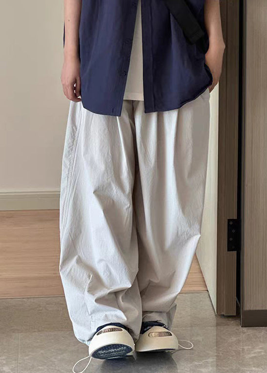 Grey Men Cotton Pants Drawstring Casual Wide Leg Pockets Light FashionChic