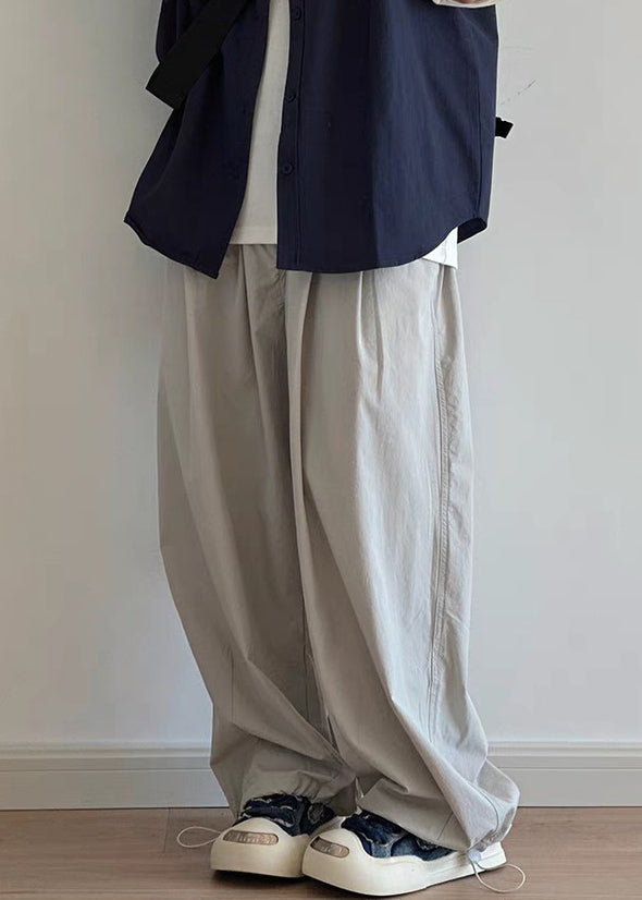 Grey Men Cotton Pants Drawstring Casual Wide Leg Pockets Light FashionChic
