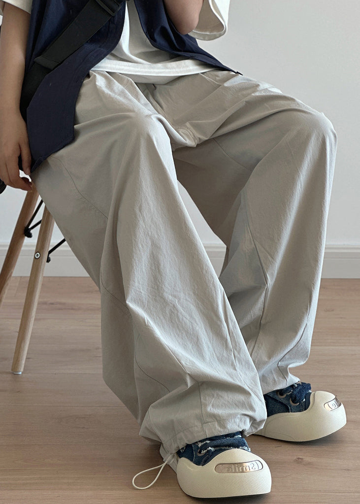 Grey Men Cotton Pants Drawstring Casual Wide Leg Pockets Light FashionChic