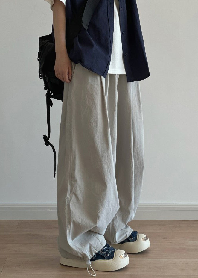 Grey Men Cotton Pants Drawstring Casual Wide Leg Pockets Light FashionChic