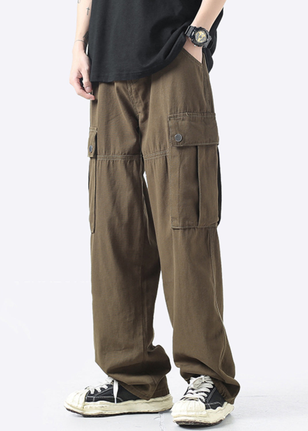 Waist Mens Crop High Pockets Grey Light Cotton Pants Casual FashionChic