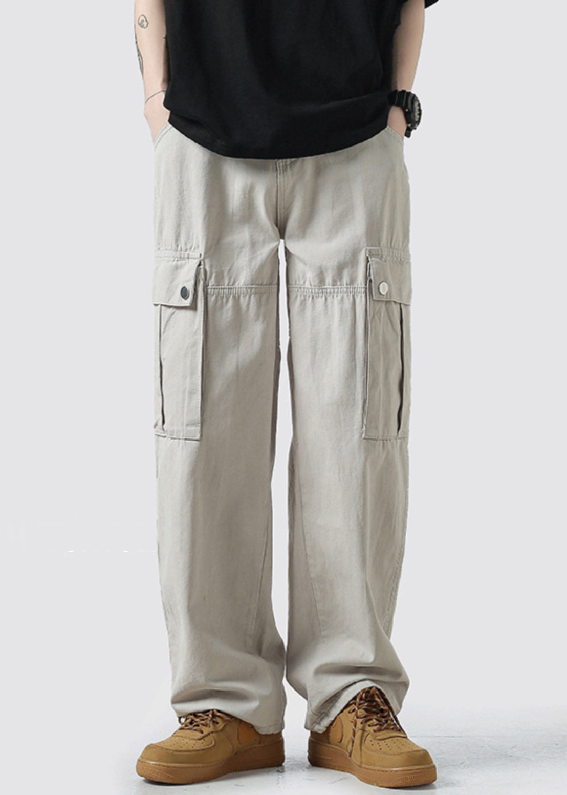 Waist Mens Crop High Pockets Grey Light Cotton Pants Casual FashionChic