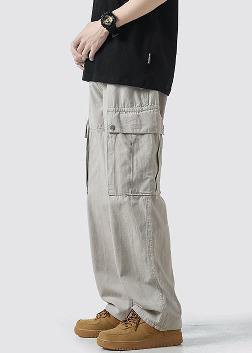 Waist Mens Crop High Pockets Grey Light Cotton Pants Casual FashionChic