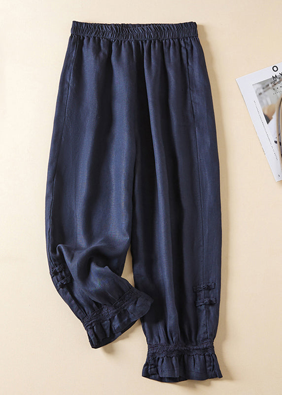 Casual Linen Lace Button Elastic Waist Harem Pants Summer AM1065 Genistyle Shop