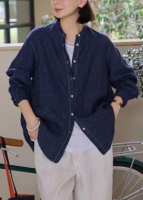 Fall Navy Linen Oversized Top Shirt Casual FashionChic