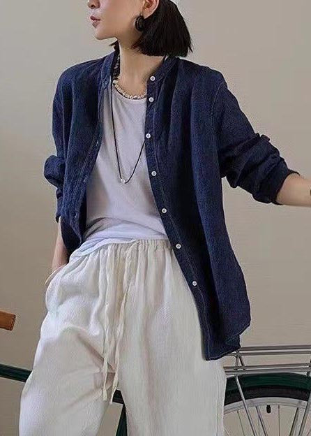 Fall Navy Linen Oversized Top Shirt Casual FashionChic