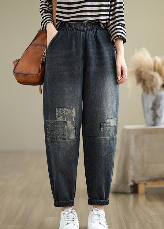 Casual Navy Pockets Applique Elastic Waist Denim Pants Fall QO079 OM-ZS241008