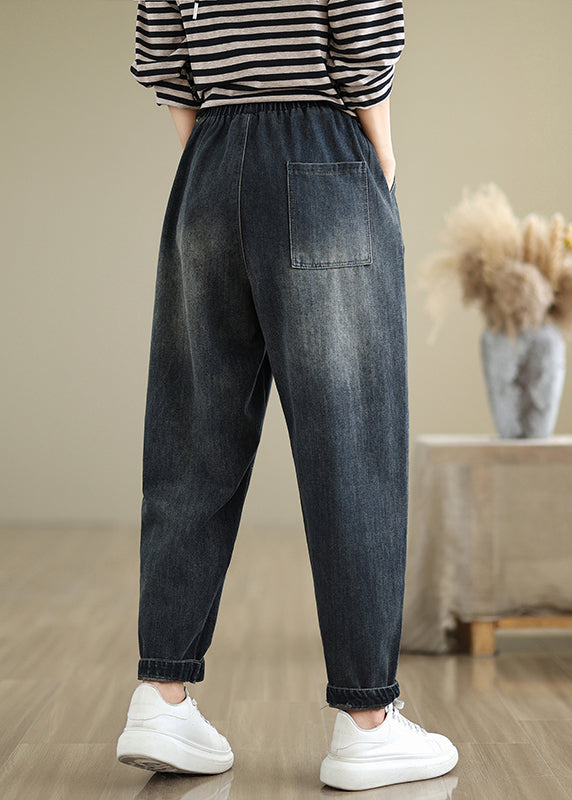 Casual Navy Pockets Applique Elastic Waist Denim Pants Fall QO079 OM-ZS241008