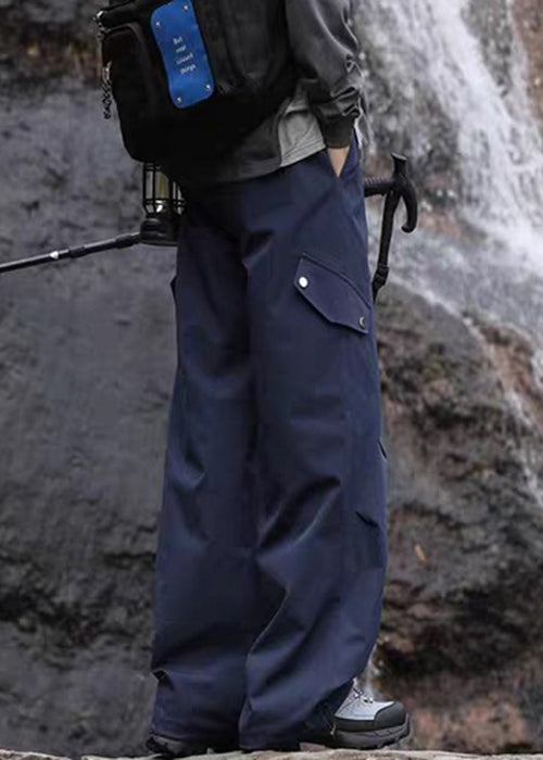 Navy Cotton Men Pockets Casual Fall Pantsl Drawstring FashionChic