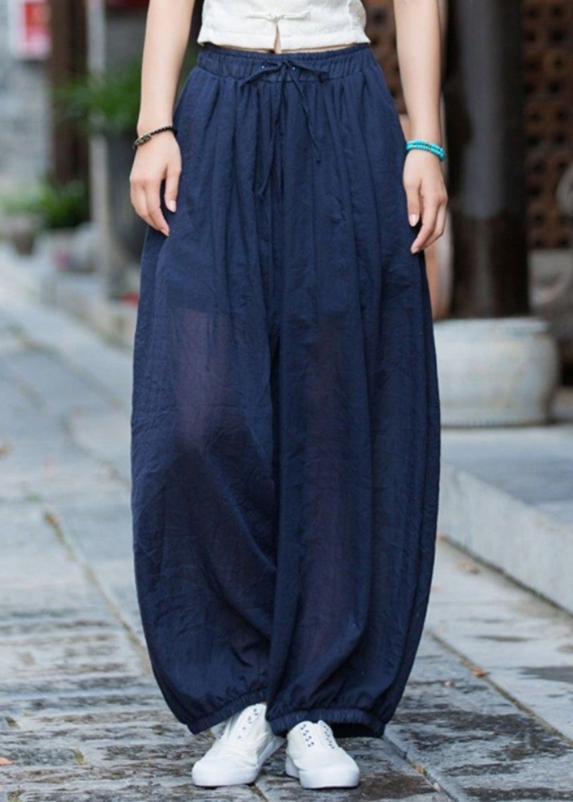 Casual Navy Pockets Elastic Waist Cotton Lantern Pants Summer QK013 BB-LPTS241022