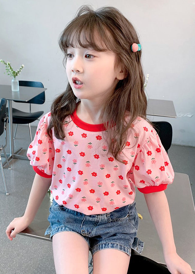 Casual Pink O Neck Print Cotton Kids Girls T Shirt Summer YU1048 WS-RCTZ-STP240529