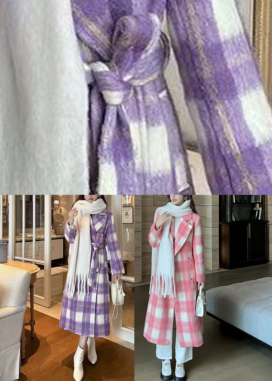 Casual Purple Pockets Plaid Patchwork Long Woolen Coats Winter RD001 ABC