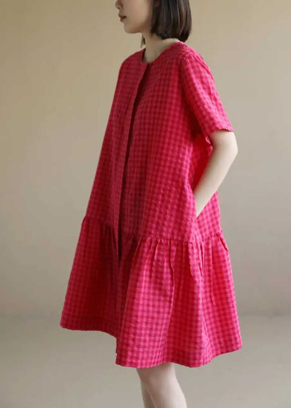 Red Dresses Mid Summer Plaid Cotton O Casual Neck FashionChic
