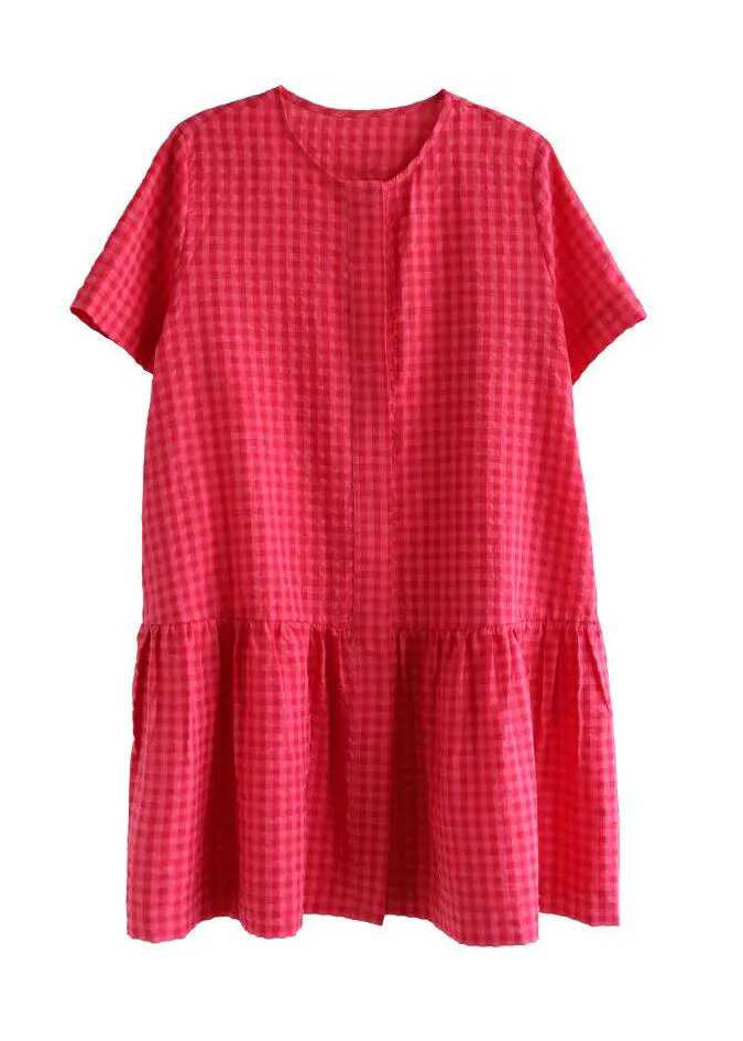 Red Dresses Mid Summer Plaid Cotton O Casual Neck FashionChic