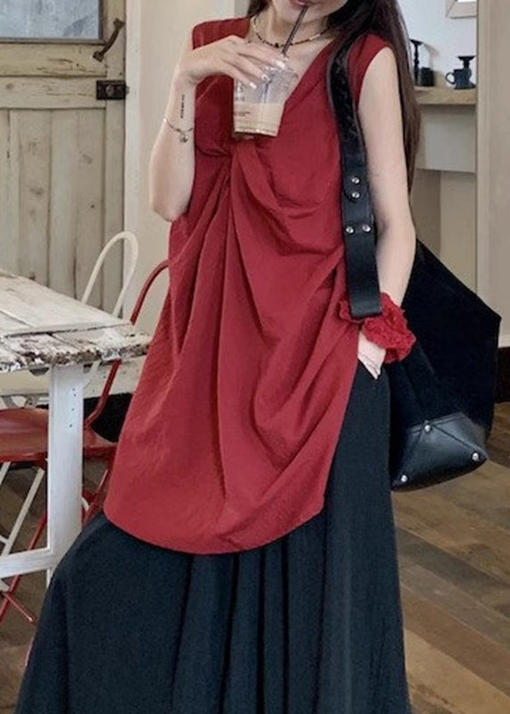 Red Wrinkled Neck Casual Sleeveless V Top FashionChic