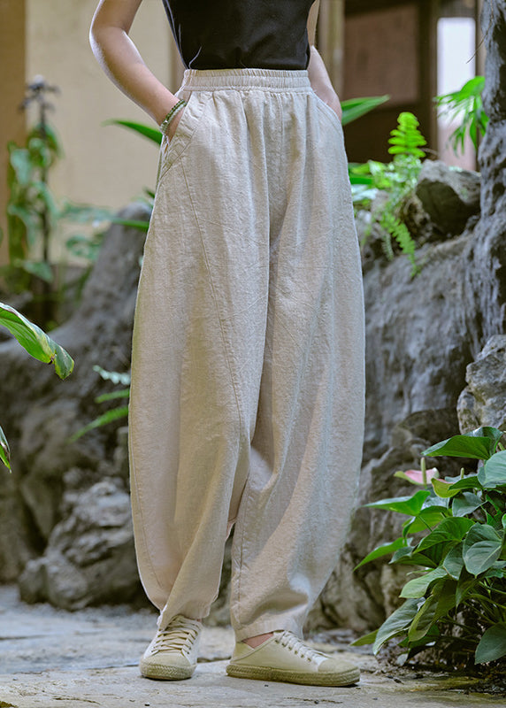 Casual Simple Yellow Pockets Elastic Waist Linen Pants Summer QK009 BB-LPTS241022