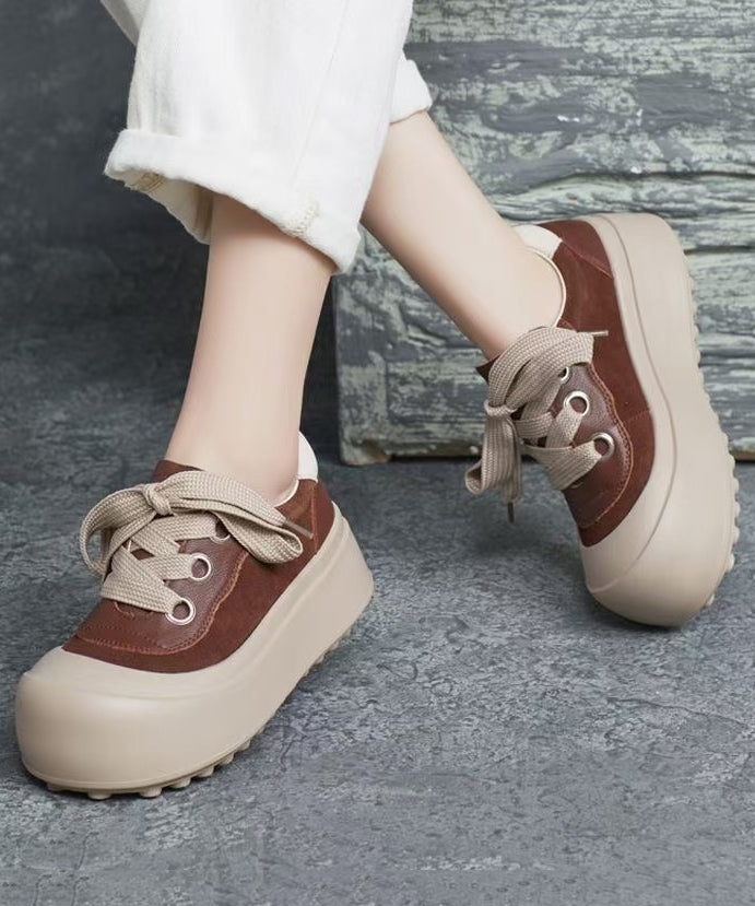 Casual Splicing Platform Flat Shoes Brown Cowhide Leather Lace Up YC019 ABC