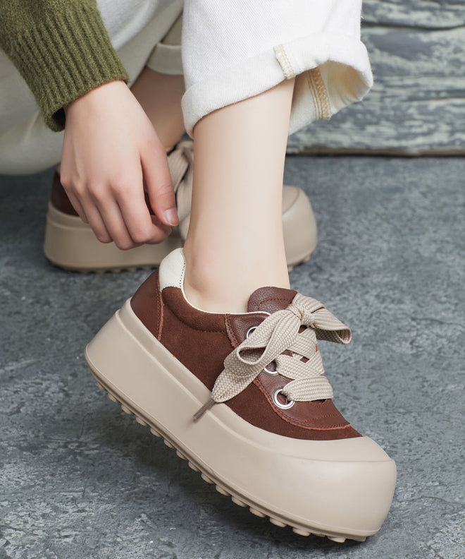 Casual Splicing Platform Flat Shoes Brown Cowhide Leather Lace Up YC019 ABC