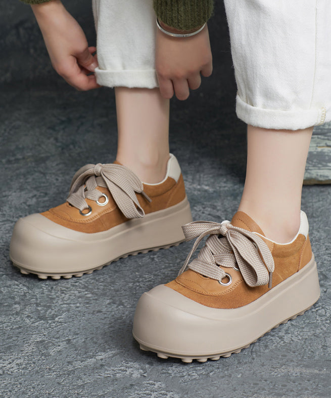 Casual Splicing Platform Flat Shoes Brown Cowhide Leather Lace Up YC019 ABC