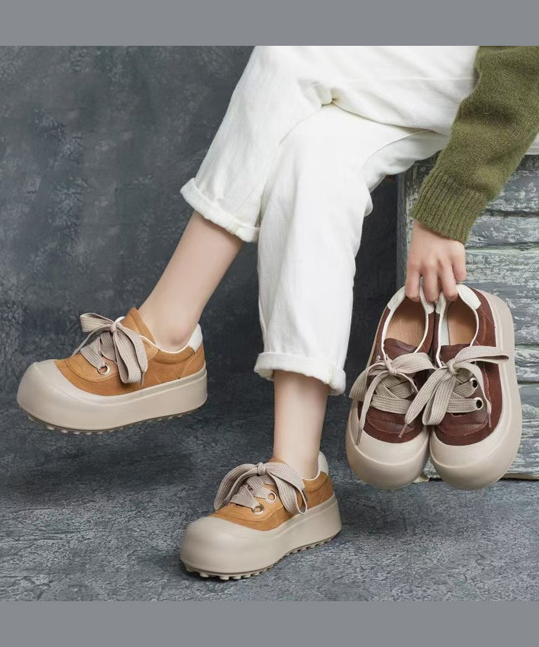 Casual Splicing Platform Flat Shoes Brown Cowhide Leather Lace Up YC019 ABC