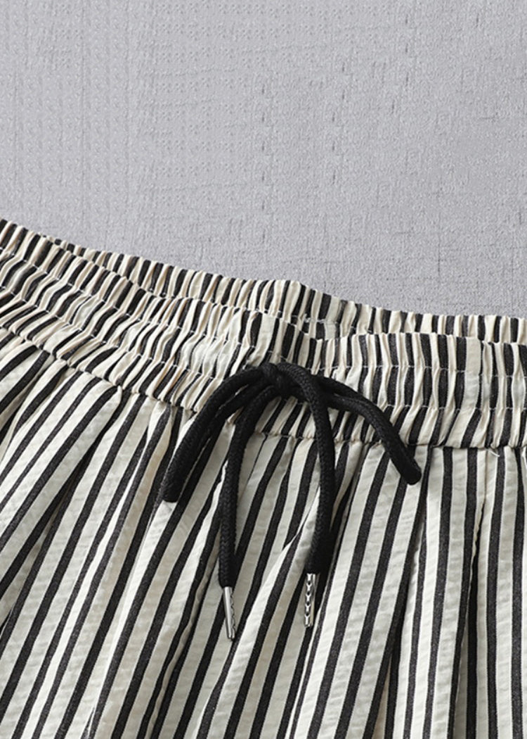Casual Striped Lace Up Elastic Waist Cotton Crop Pants Summer GG020 MZF-CPTS240610