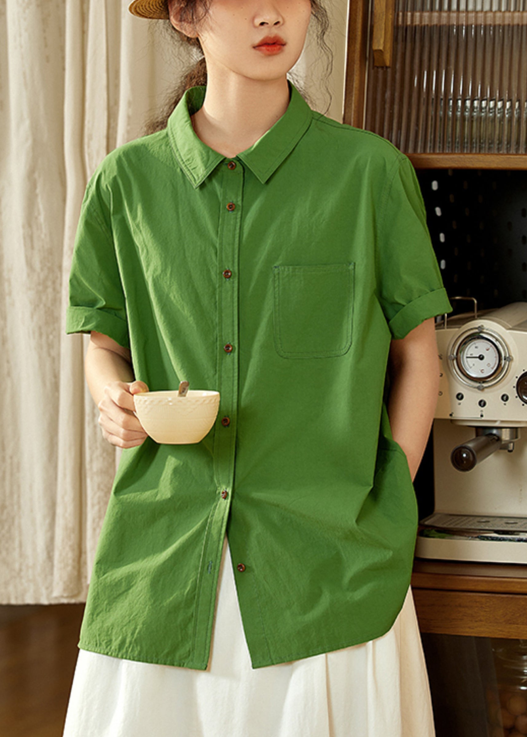 Tea Top Cotton Summer Oversized Green Casual FashionChic