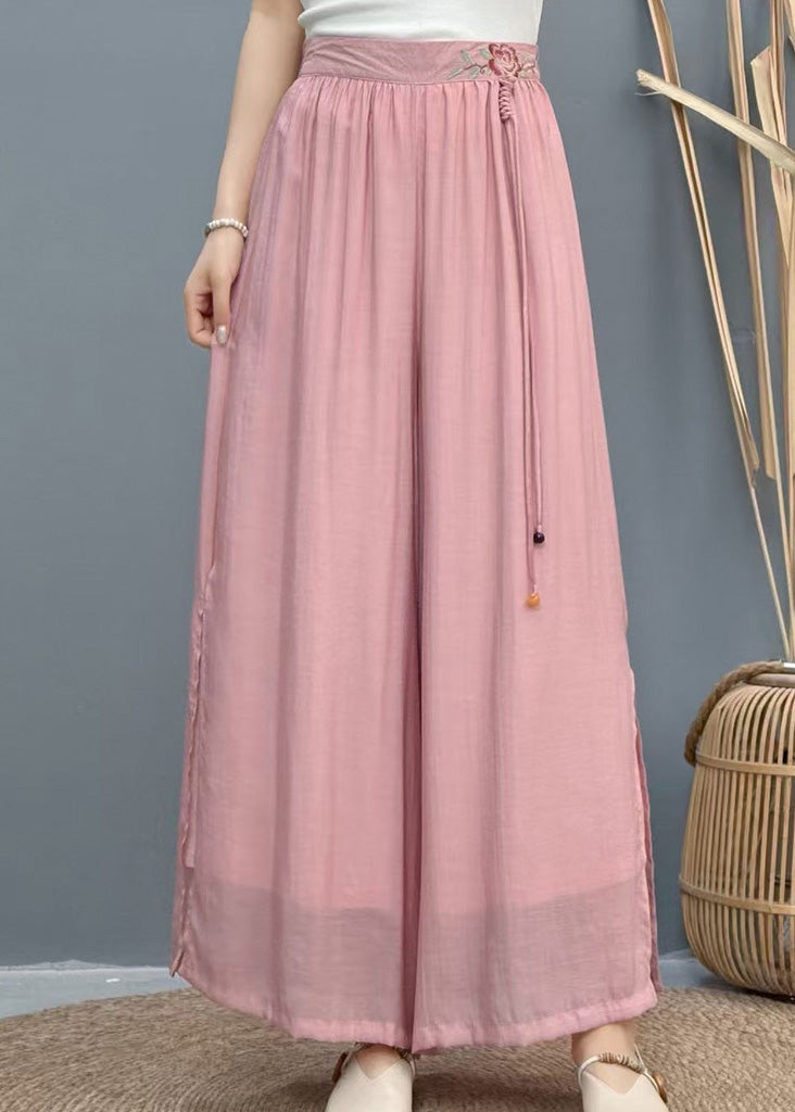 Wide Side Embroidered Summer Pants White Leg Linen Open Casual FashionChic
